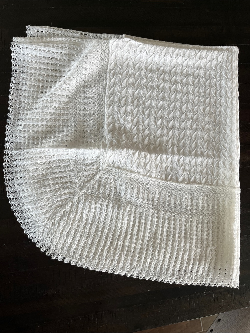 Vintage 1980 White Cable Knit and Lace Baby Blanket
